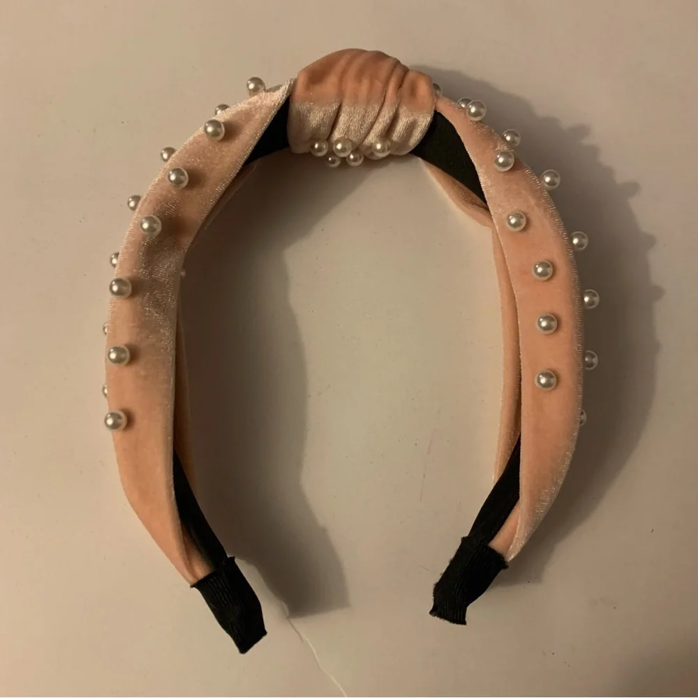 5 for 20 Nordstrom light pink velour pearl studded top knot headband - Picture 2 of 5
